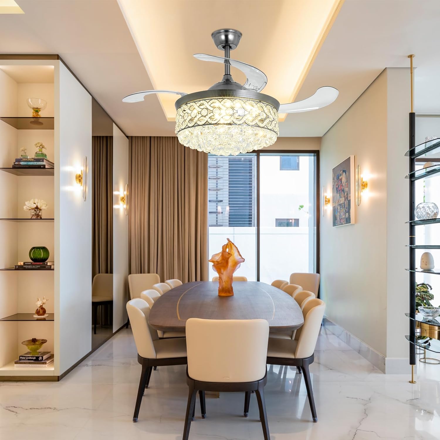 BIGBANBAN 42' Crystal Chandelier Fan with Light Remote Control, Silver Retractable Ceiling Fan 3 Colors LED Light 3 Speeds Modern Smart Fandelier for Dinning Room Bedroom