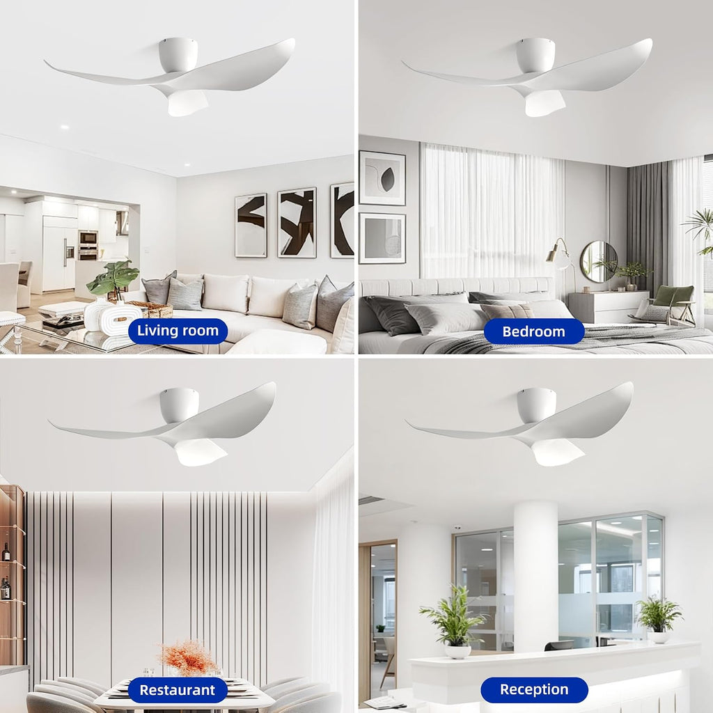 52' White Flush Mount Ceiling Fan with Remote, No Light | Modern Low-Profile, Heat Resistant ABS Blades, 6-Speed Reversible Quiet DC Motor for Balcony, Living Room, Bedroom