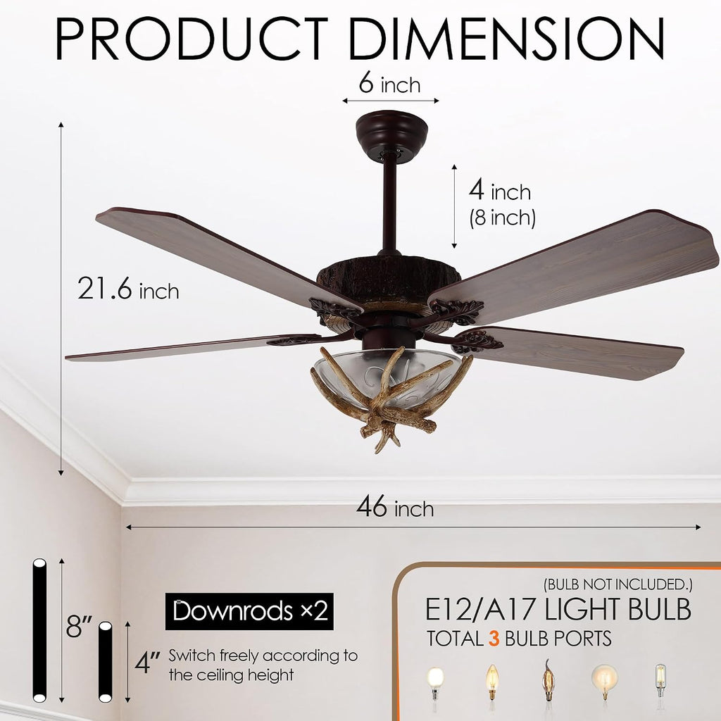 Antler Rustic Ceiling Fan with Lights and Remote, Antlers Chandelier Ceiling Fan Light, Indoor Electrical Fan with 5 Wood Blades for Hunting, Farmhouse, Bedroom Living Room(46 Inch)