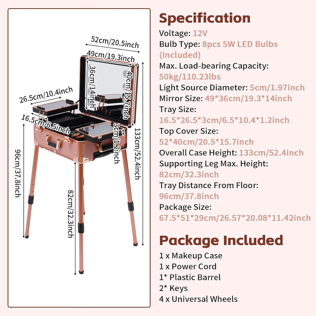 Make-Up Case, Cosmetic Train Table with 4 Rolling Wheels & Lights & Mirror, Pro Make-Up Station, Cover Panel and Easy-to-Clean Extendable Trays, Adjustable Legs, Robust (Rose Gold)
