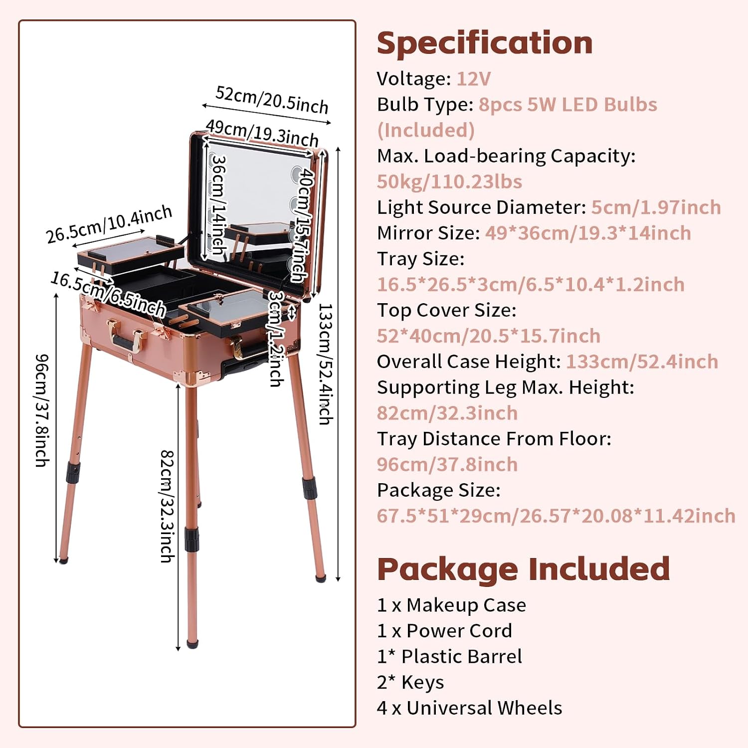 Make-Up Case, Cosmetic Train Table with 4 Rolling Wheels & Lights & Mirror, Pro Make-Up Station, Cover Panel and Easy-to-Clean Extendable Trays, Adjustable Legs, Robust (Rose Gold)