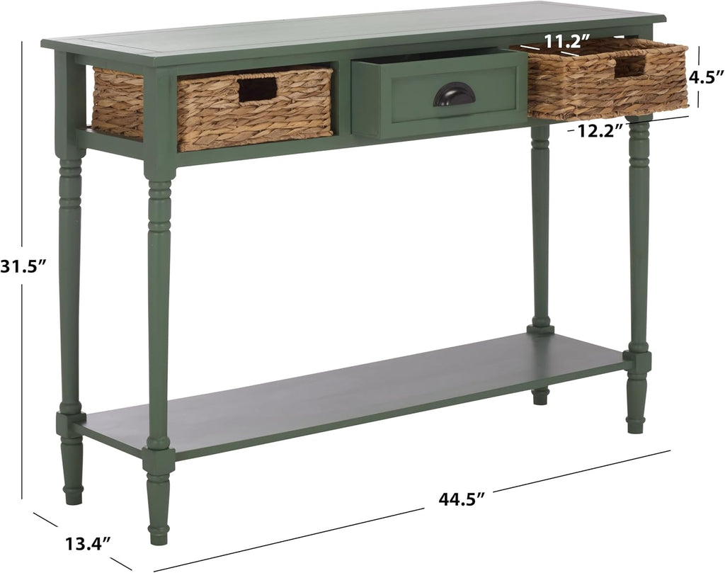SAFAVIEH Home Collection - Christa Entryway Console Table, Dusty Green Solid Wood 3-Drawer Storage Sofa Table with Rattan Baskets (AMH5737J)