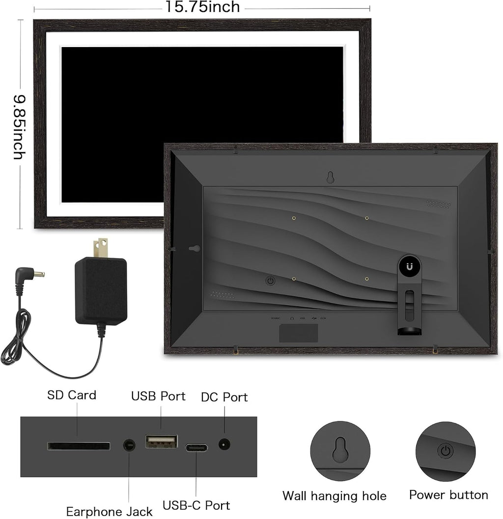 Digital Picture Frame, 15.6 Inch Frameo Digital Frame WiFi, 1920 * 1080 IPS FHD Touchscreen, 32GB, Tabletop&Wall-Mounted, Share Picture Video, Large Electric Photo Frame, Mom Gifts, Black Woodgrain