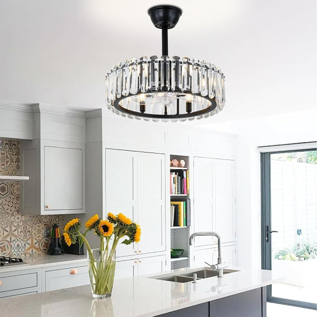 FRIXCHUR Crystal Caged Ceiling Fan with Lights and Remote 20.7 Inch Black Fandelier Semi Flush Mount 6 Speed Reversible Chandelier for Dining Bedroom Living Room Kitchen E12 x 6 Bulbs Not Included