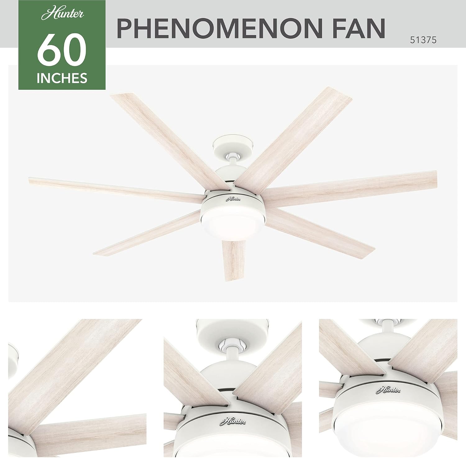 Hunter 60 inch WiFi Phenomenon Matte White Ceiling Fan with LED Light Kit and Wall Control