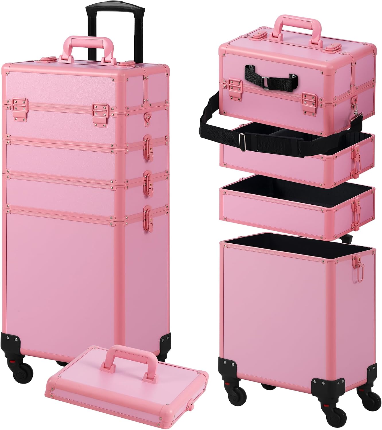 Somduy Makeup Train Case, Rolling Makeup Case with Lid, 5 in 1 Cosmetology Case on Wheels, Christmas Gift, Large Makeup Case Organizers, Profesional Cosmetic Case for Salon Barber, Pink