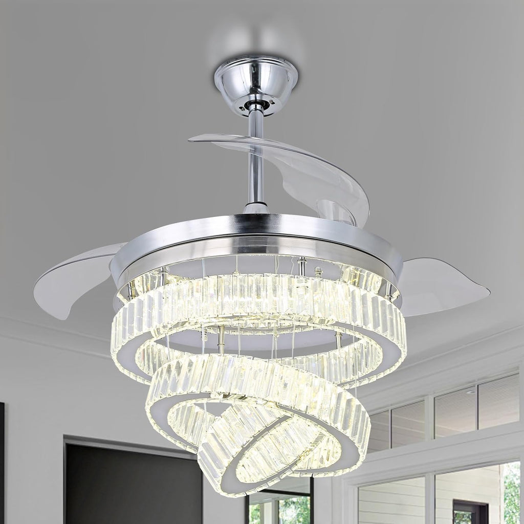 42'' Chrome Crystal Fandelier Ceiling Fan with Lights, Dimmable LED Chandelier Fan, Retractable Blades, Remote & APP Control, 6-Speed Reversible, Flush Mount for Bedroom Living Room Dining Room