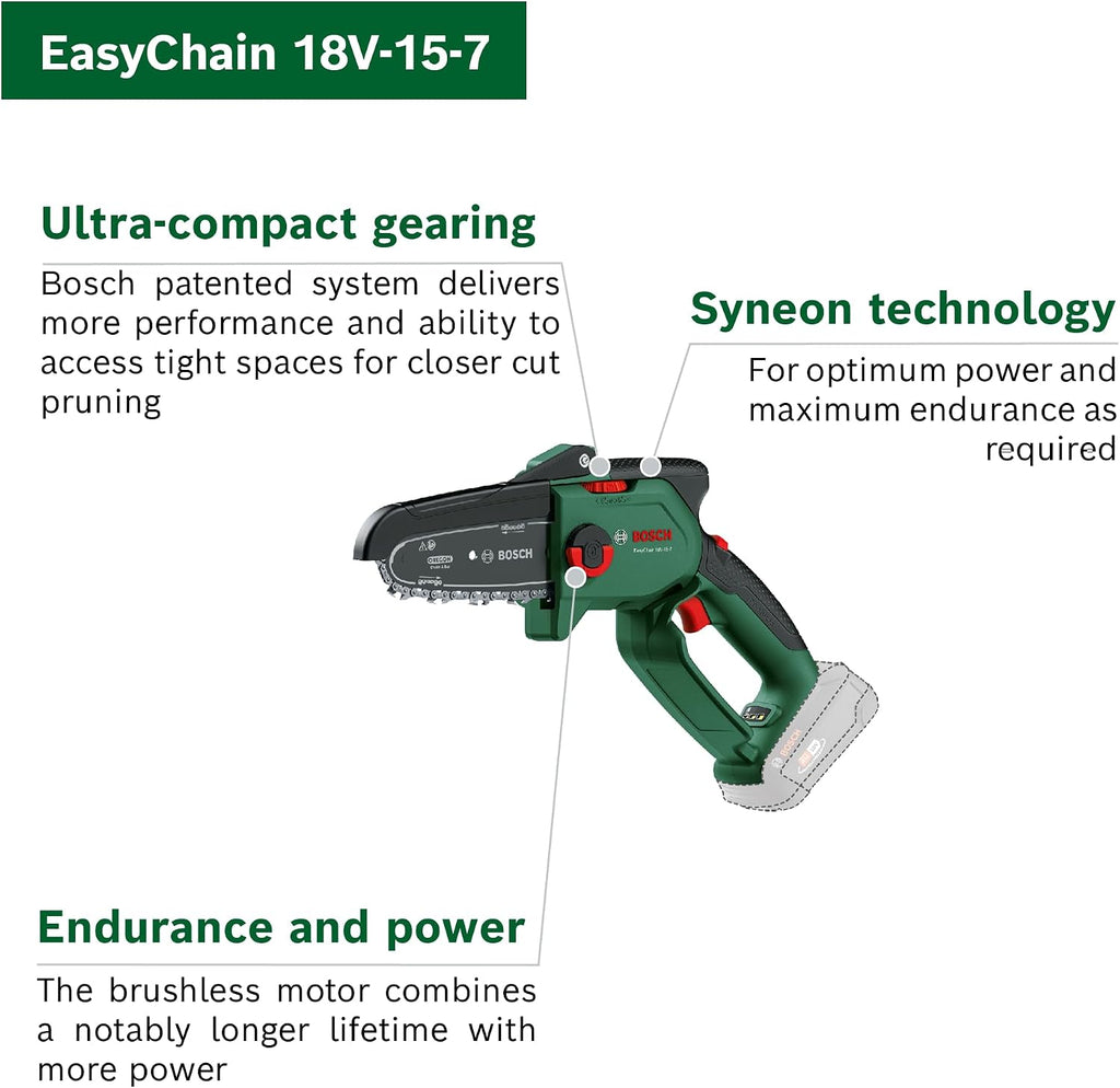 Bosch Home and Garden Cordless Compact Pruner Saw EasyChain 18V-15-7 (for Cutting Through Wood; 18 Volt System; Chain Speed: 6.95m/s; Without Battery)