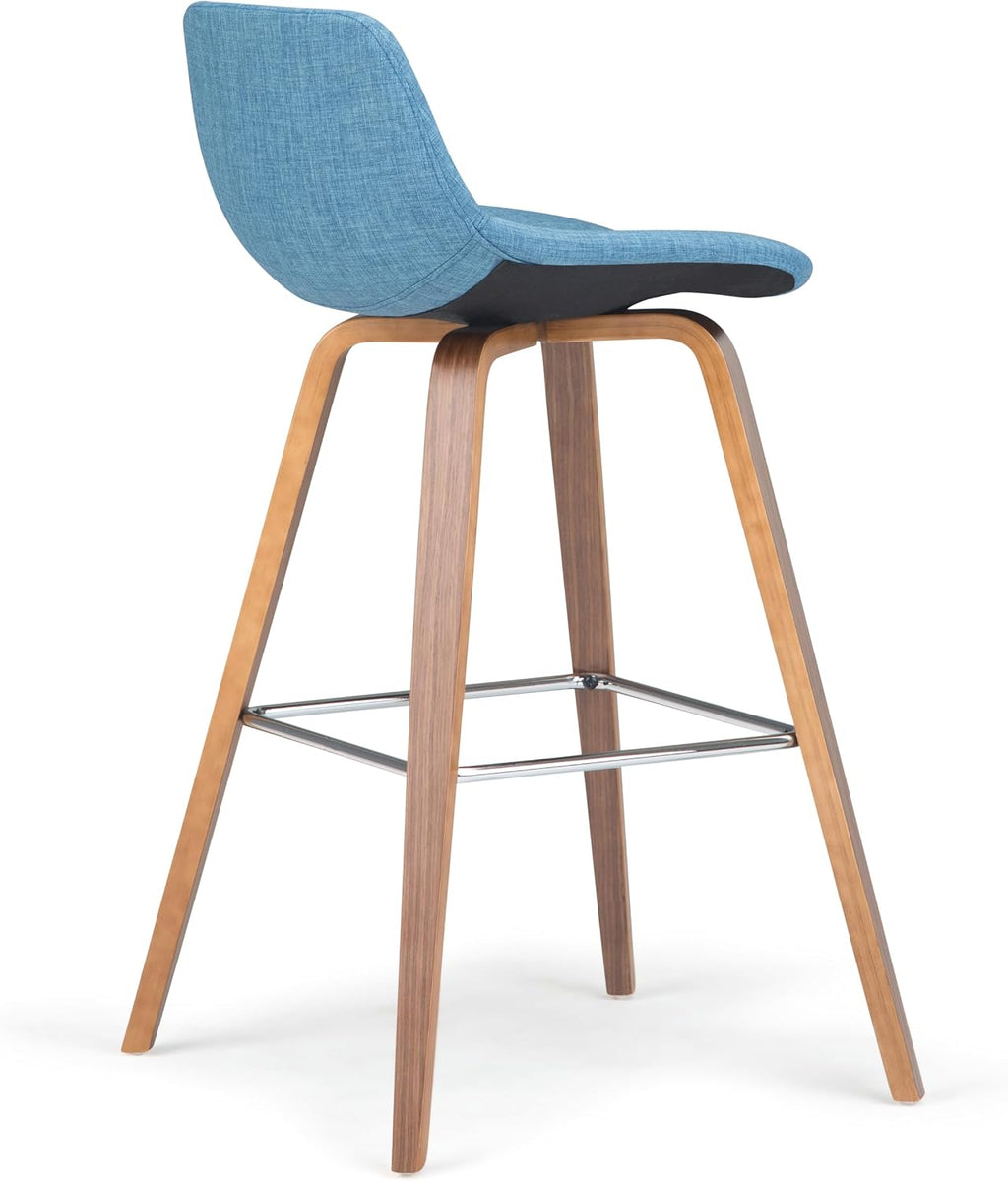 SIMPLIHOME Randolph Counter Stools (Set of 2) - 28 Inch Seat Height Upholstered Bentwood Bar Stools in Medium Blue Linen Look Fabric, Mid Century Modern Seating with Curved Backrest and Footrest