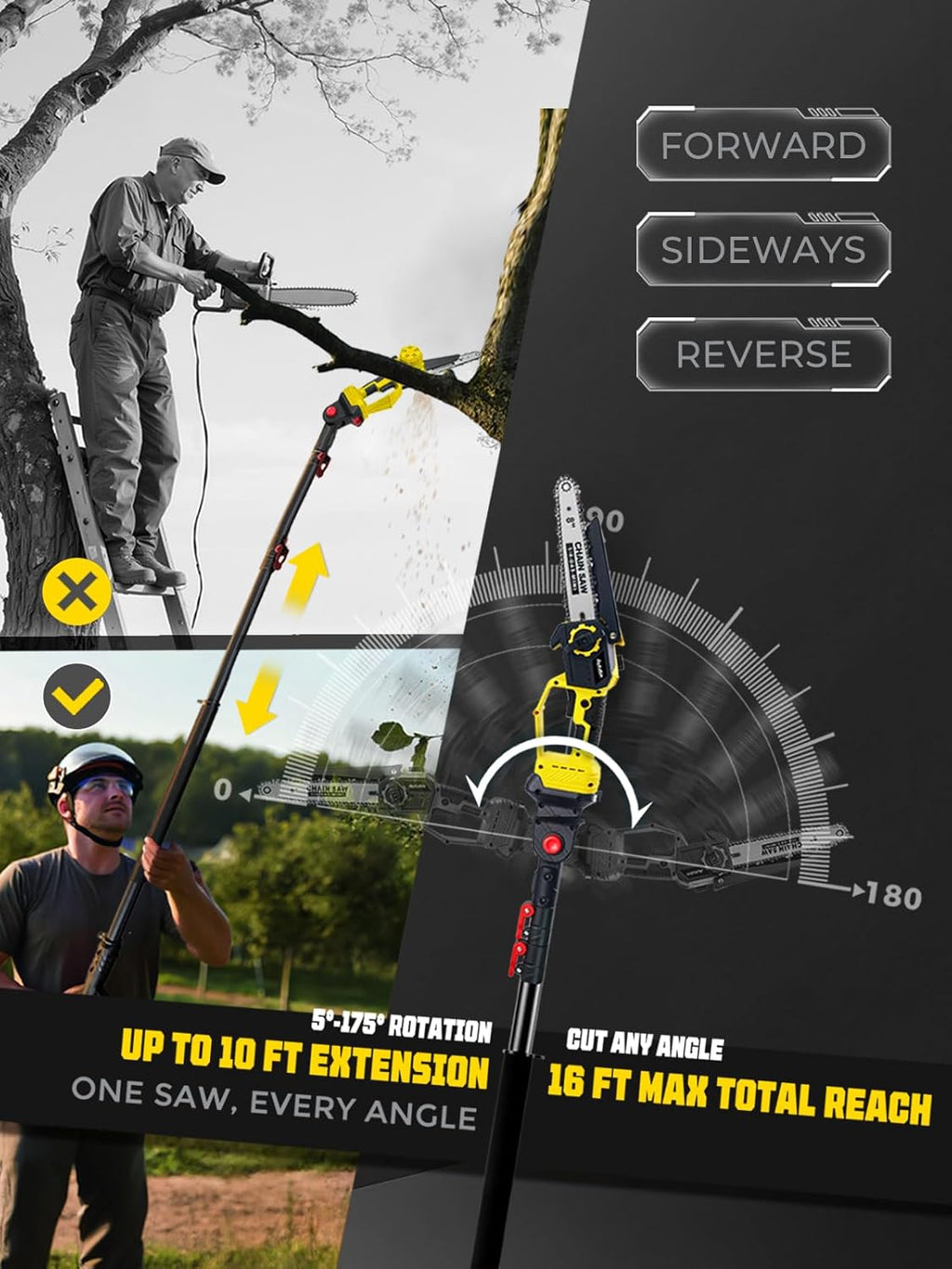 8 & 6 Inch Electric Pole Saw, Brushless 2-in-1 Mini Chainsaw and Pole Saw for Tree Trimming, 2x4000mAh Battery Powered, 16 ft Reach, Auto Oiling, Tool-Free Tensioning, Fathers Day Yard Gift