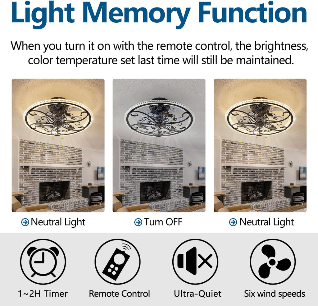 Retro Black Ceiling Fan with Lights Remote Control, 6 Speeds 3 Color Industrial Caged Ceiling Fan with Light for Kitchen Bedroom Living Room