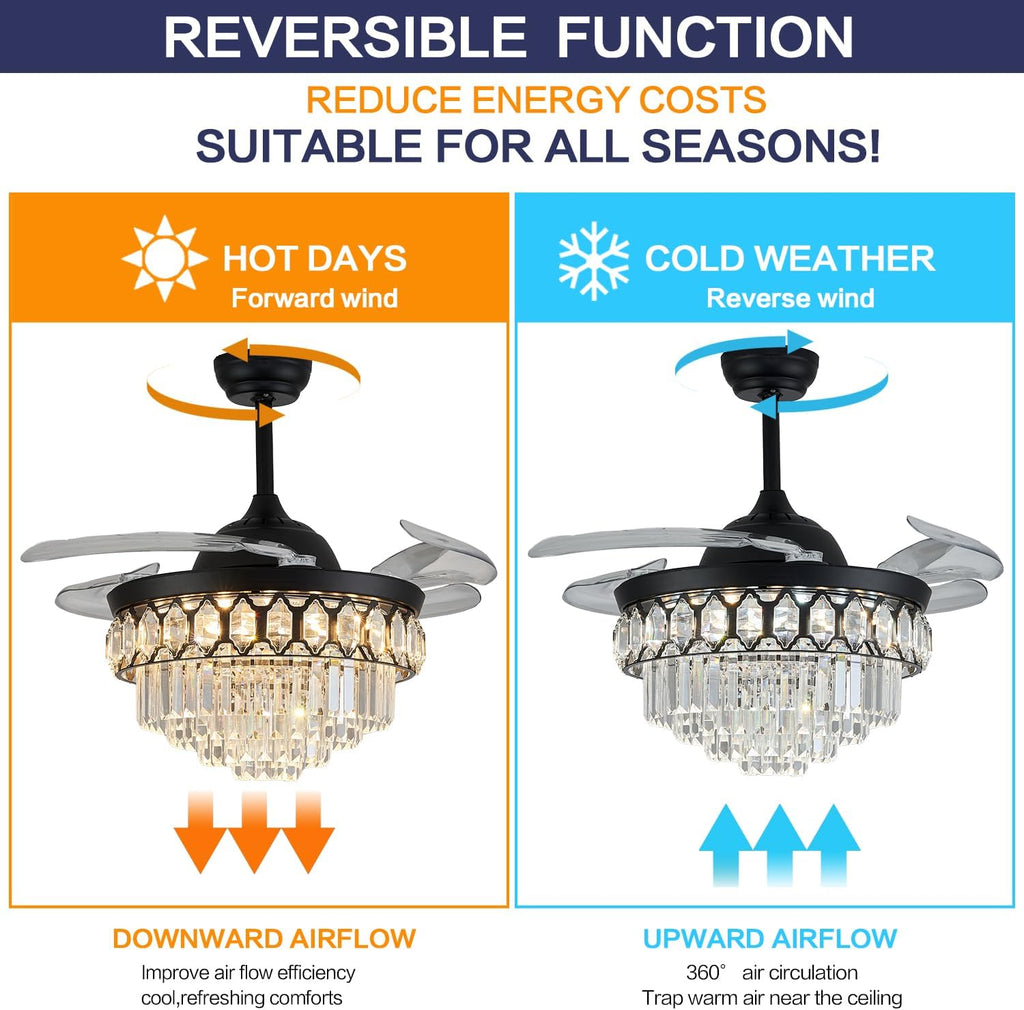 48' Dimmable Black Fandelier Ceiling Fans with Lights and Remote Modern Retractable Blade Crystal Chandelier Ceiling Fan with Light for Bedroom Dinning Room Living Room