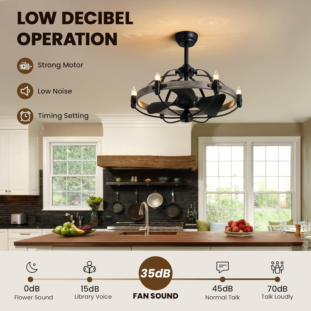 27'' Farmhouse Cage Ceiling Fan with Light Remote Control, Ash Brown Rustic Ceiling Fan with Lights,Vintage Chandelier Fan for Kitchen Dining Room Living Room