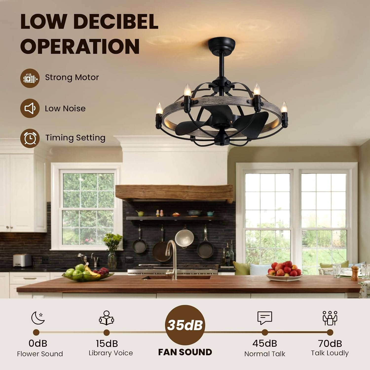 27'' Farmhouse Cage Ceiling Fan with Light Remote Control, Ash Brown Rustic Ceiling Fan with Lights,Vintage Chandelier Fan for Kitchen Dining Room Living Room