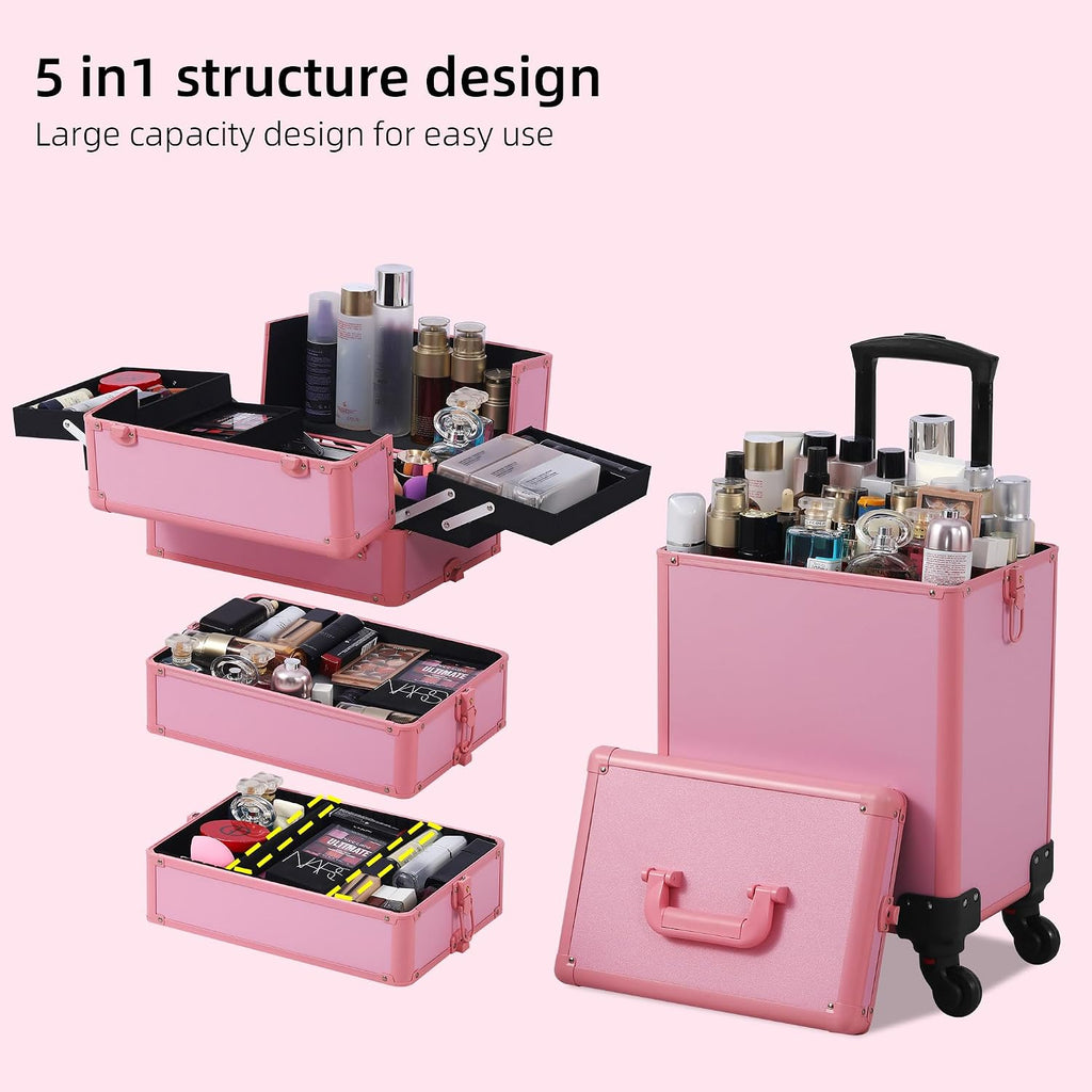 Somduy Makeup Train Case, Rolling Makeup Case with Lid, 5 in 1 Cosmetology Case on Wheels, Christmas Gift, Large Makeup Case Organizers, Profesional Cosmetic Case for Salon Barber, Pink