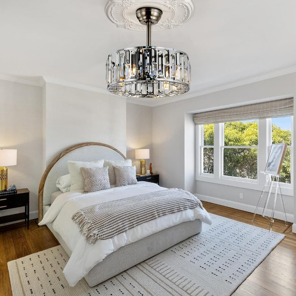 18' Crystal Chandelier Ceiling Fan with Light and Remote, Industrial Enclosed Bladeless Silver Fandelier Ceiling Fan 3 Speeds Timer for Farmhouse Kitchen Island