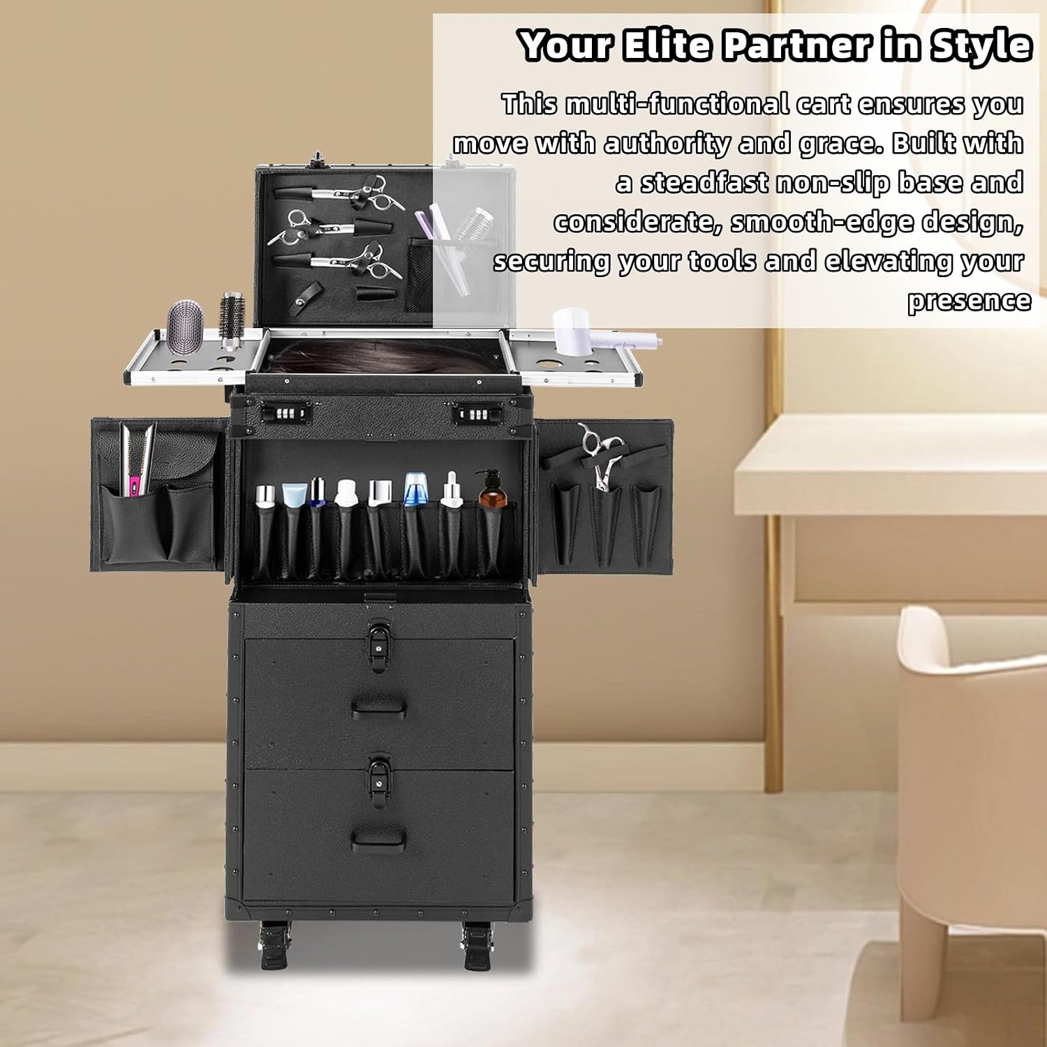 Rolling Makeup Case with Wheels and Locks, Cosmetology Case Makeup Train Case for Salon Barber, Hairdressing Rolling Case Trolley with Hair Dryer Holder and Extendable Tray