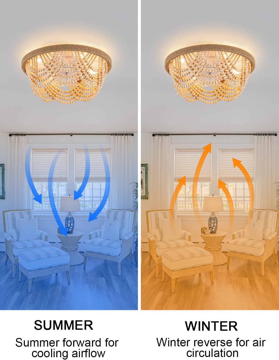 20'' Boho Fandelier Ceiling Fan with Lights Remote Control Flush Mount Chandelier Ceiling Fan for Bedroom Wood Beaded Coastal Chandelier Light for Living Room, 6 Speeds Reversible Quiet