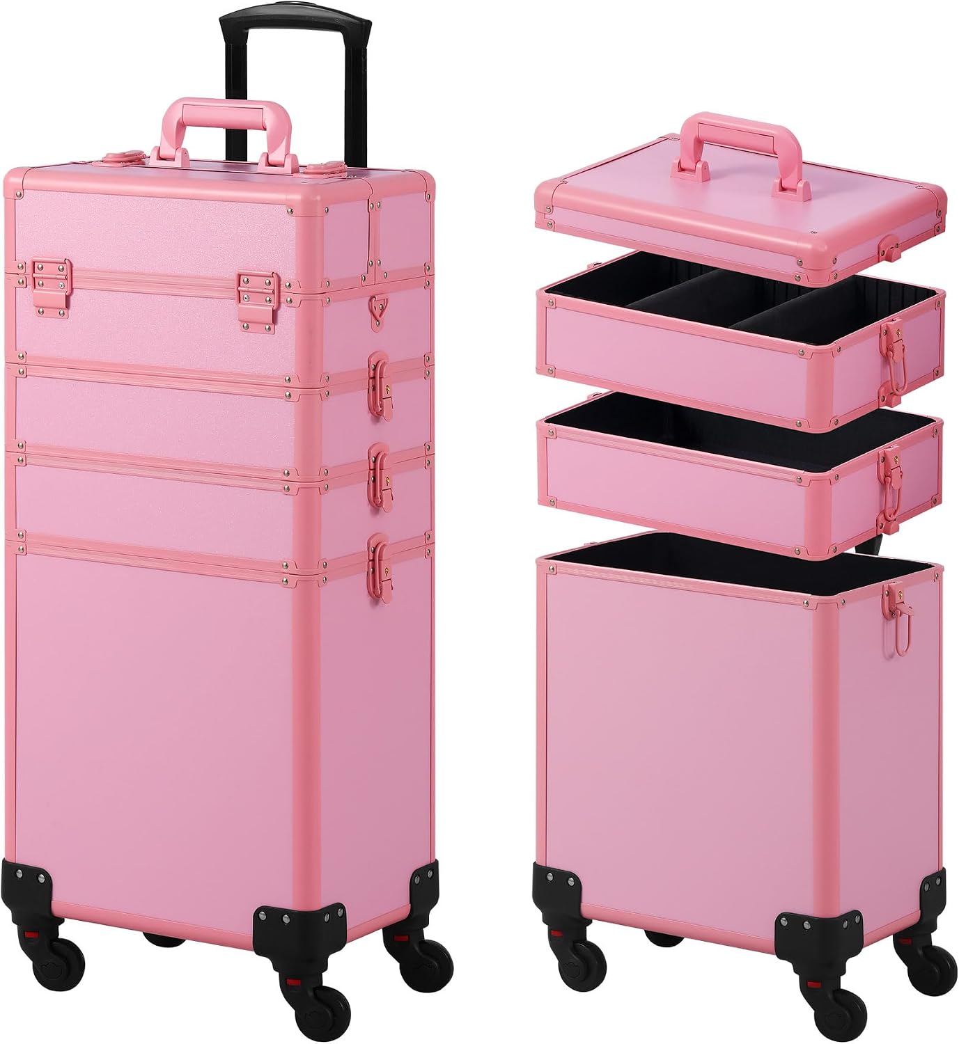 Somduy Makeup Train Case, Rolling Makeup Case with Lid, 5 in 1 Cosmetology Case on Wheels, Christmas Gift, Large Makeup Case Organizers, Profesional Cosmetic Case for Salon Barber, Pink
