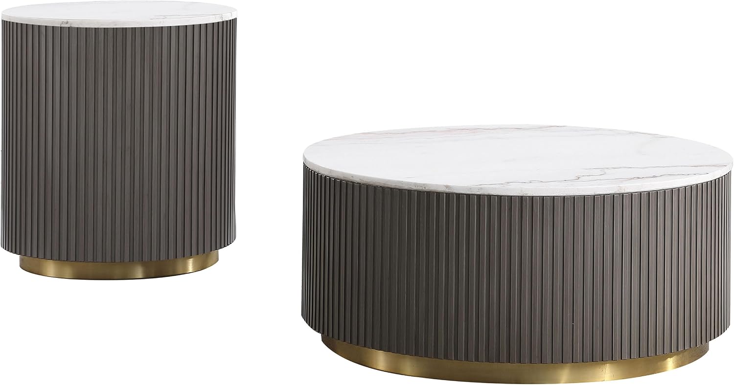 Coaster Home Furnishings - Jason - Wood and Metal - 2-Piece Coffee Table Set with Marble Tops, Reeded Drum Bases, and Gold Ring Accents - Living Room- Charcoal and White Marble - 710418-S2