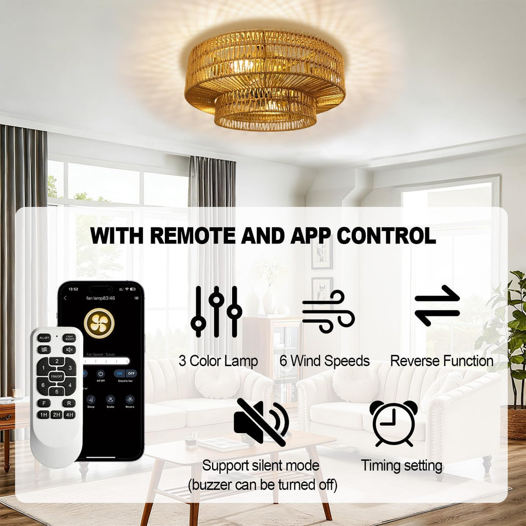 Boho Ceiling Fan with Light and Remote,Rattan Fandelier Ceiling Fan with Light with 3 Mode Lighting and E26 Bulbs for Bedroom, Nursery, Garage (Yellow)