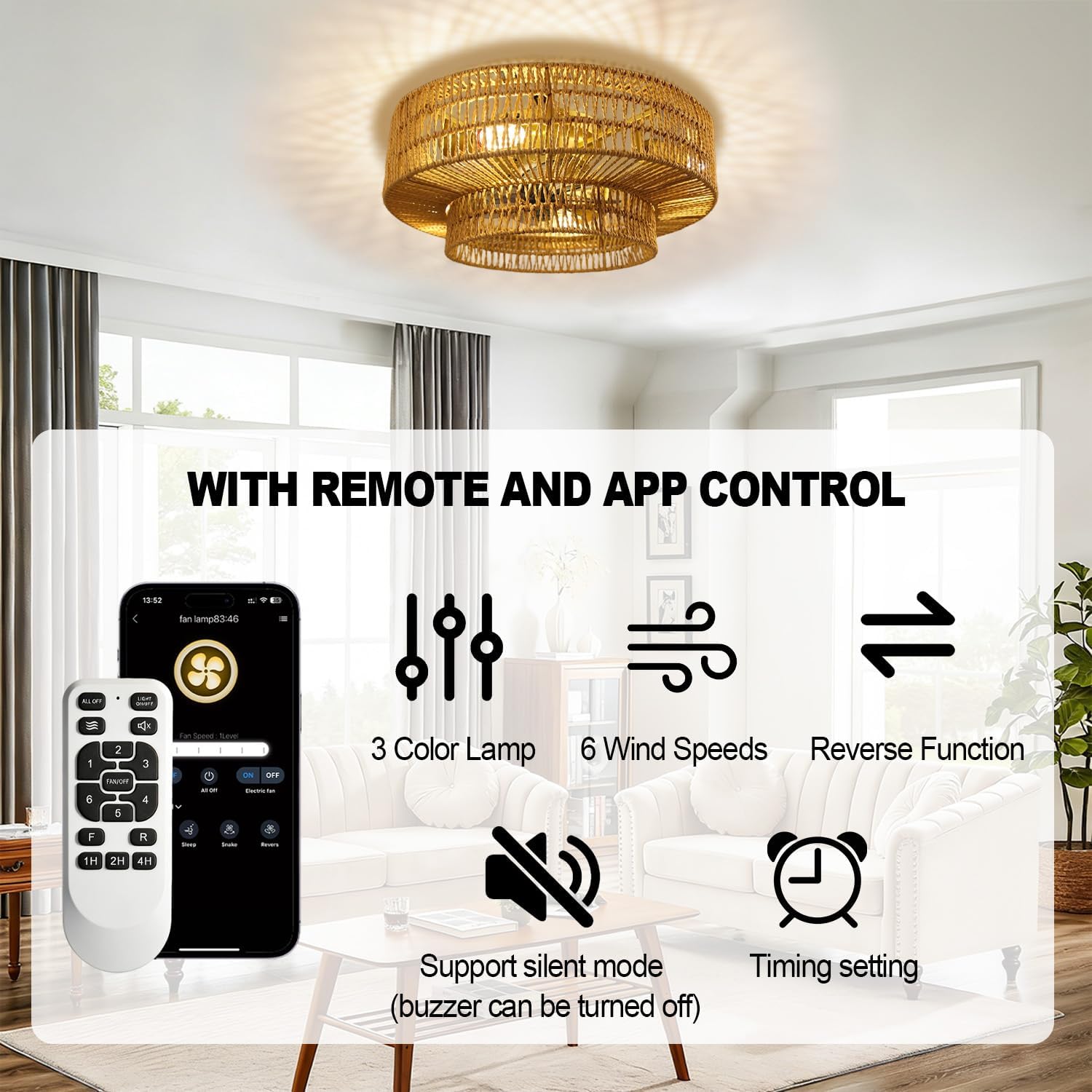 Boho Ceiling Fan with Light and Remote,Rattan Fandelier Ceiling Fan with Light with 3 Mode Lighting and E26 Bulbs for Bedroom, Nursery, Garage (Yellow)