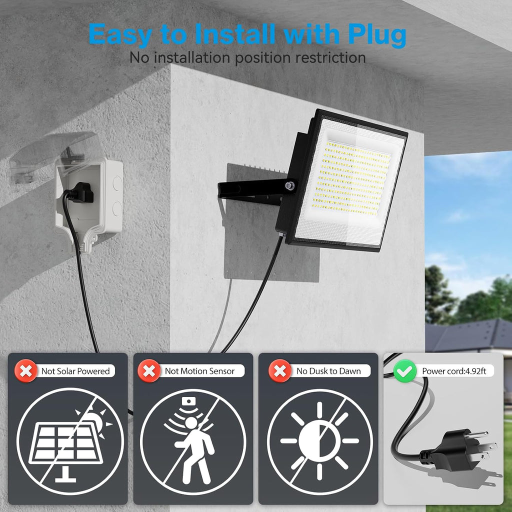 Olafus 2 Pack 300W LED Flood Light Outdoor, Super Bright Outside Floodlights with Plug, IP66 Waterproof 6500K Daylight White Exterior Security Light for Yard Stadium Lawn Barn