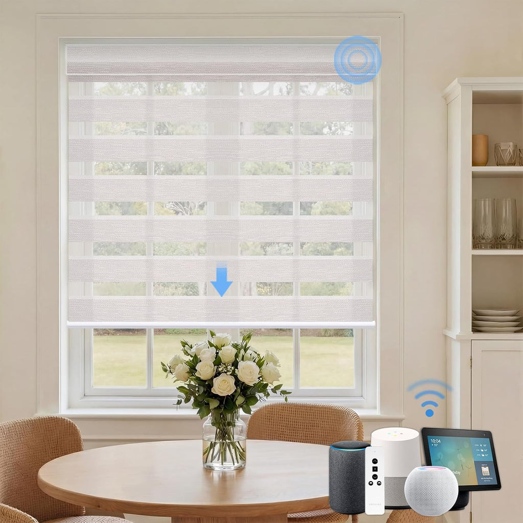 Motorized Zebra Blinds, Automatic 60% Blackout Shades for Indoor Windows Work with HomeKit, Alexa, Google Home, Customized Electric Blinds with Remote, App, Voice Control, Fabric Ivory