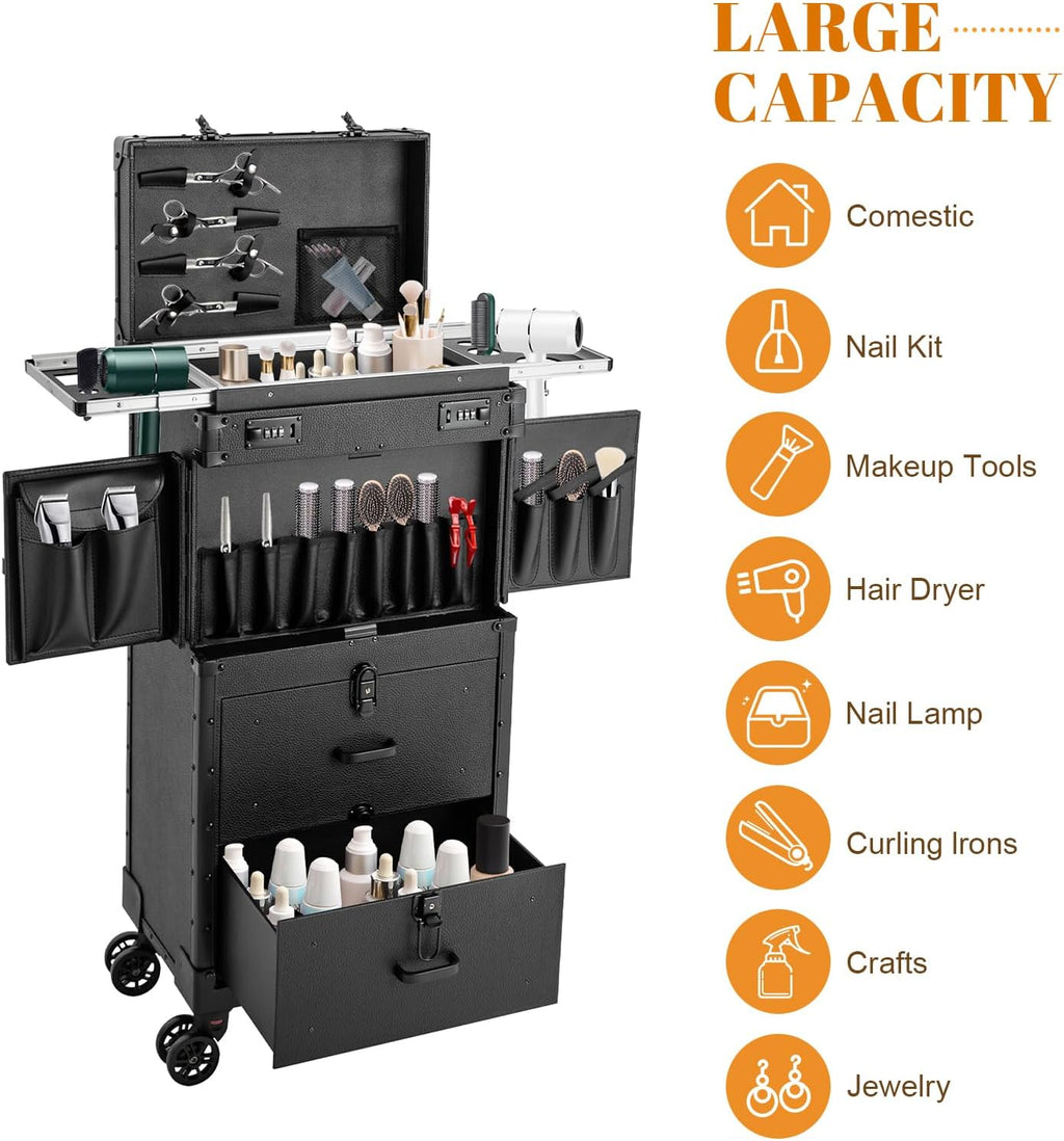 Makeup Rolling Case Professional Makeup Case with 360° Swivel Wheels Cosmetic Rollings Case Rolling Nail Cases for Make Up Nail Hairstylists (Black)
