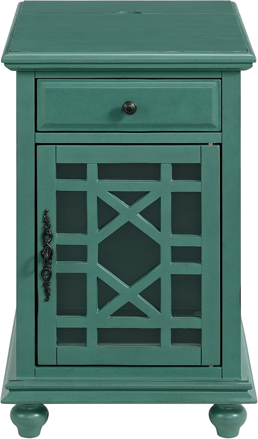 Martin Svensson Home Elegant Chairside End Table with Power — 24″W x 16″D x 25″H, Antique Teal-Green — Transitional Painted Accent Table with Flip-Top USB Charging, Drawer & Cabinet Storage