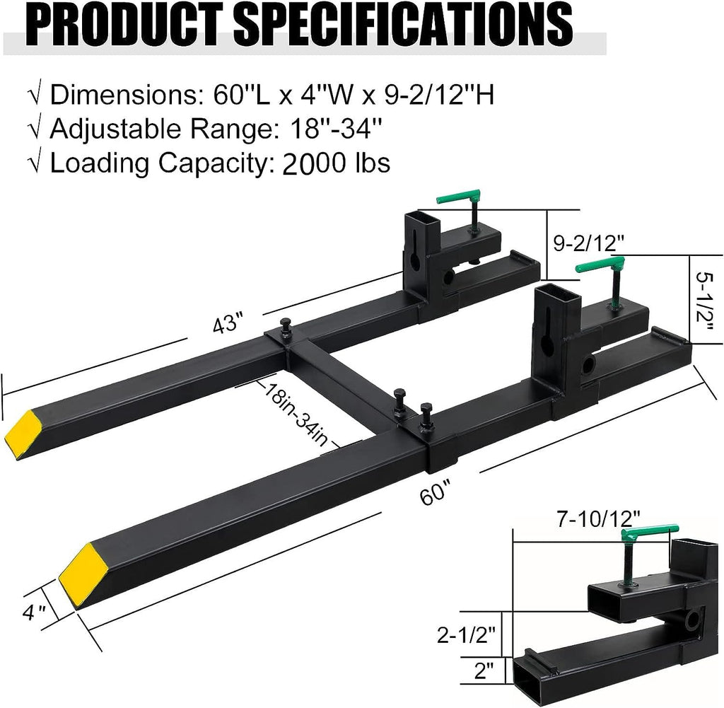 Pallet Forks 60', Clamp On Tractor Bucket Forks with Adjustable Stabilizer Bar, Heavy Duty Front Loader Forks, Fork Attachment for Skid Steer,Loader Bucket,60''with Stabilizer Bar 2000LBS