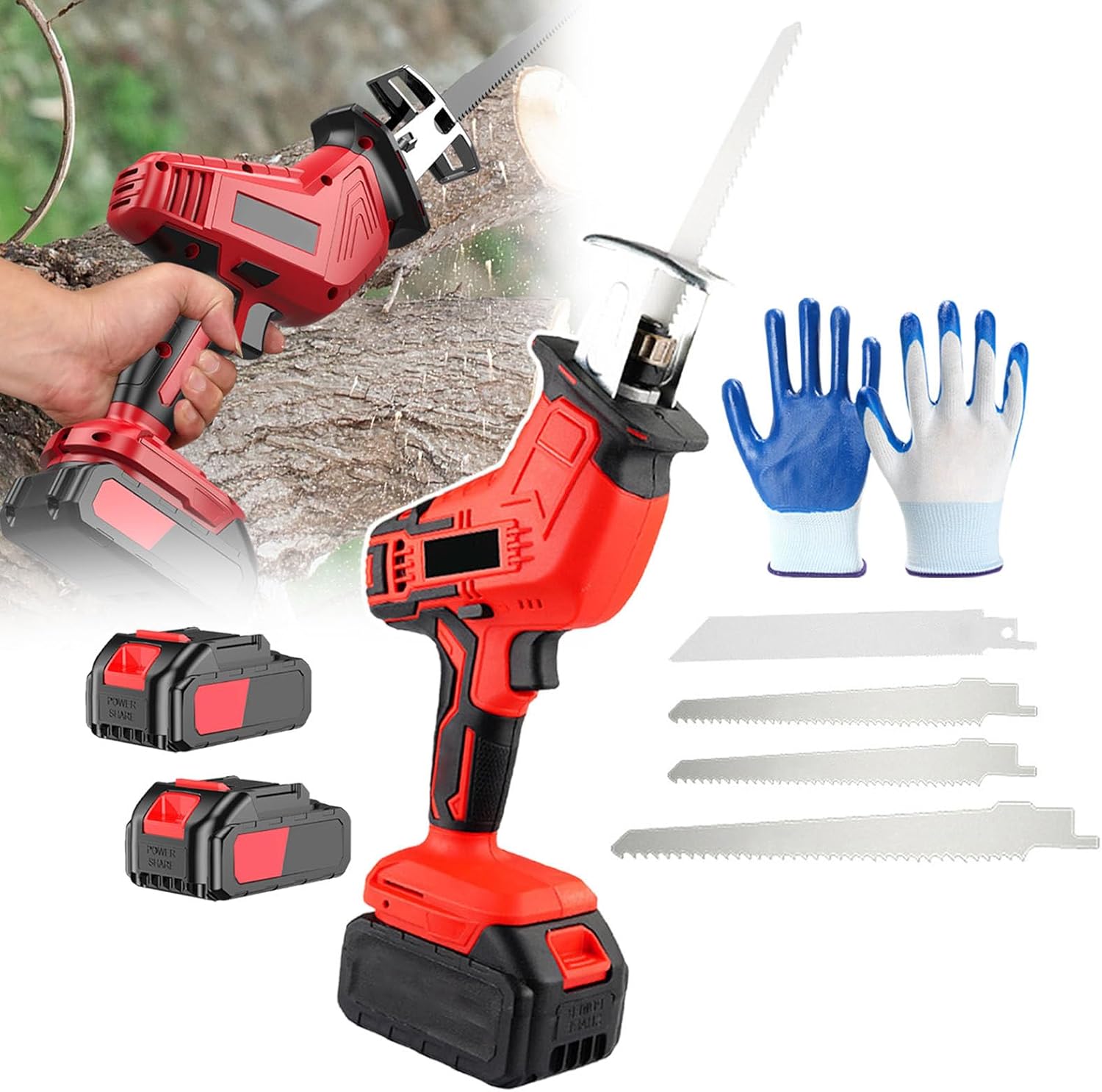 Cordless Reciprocating Saw, for Metal/Wood/PVC Pipe/Bamboo/Tree Branch Pruning, Electric Garden Saw with 4 Saw Blades & 12 Pairs of Gloves, Battery Powered