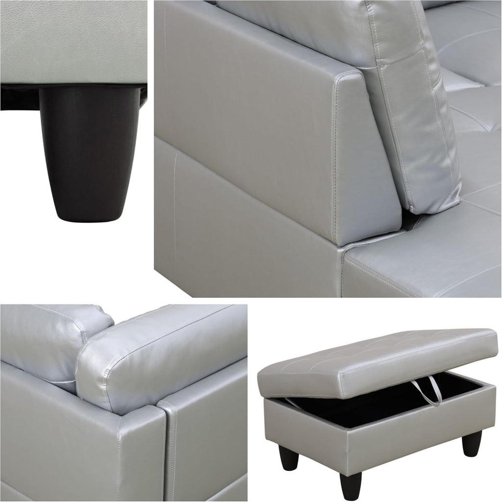 103.5' Sectional Couches for Living Room, Leather 4 Seat L Shaped Couch with Chaise, 3-Piece Modular Sofa with Storage Ottoman, Home Furniture Sets for Apartment Office, Silver