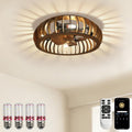 Wooden Ceiling Fans with Lights Flush Mount, 20 Inch Caged Low Profile Ceiling Fans with 3 Mode Lighting and Remote Control with E26 Bulbs for Bedroom, Nursery, Garage (Brown (Wood))