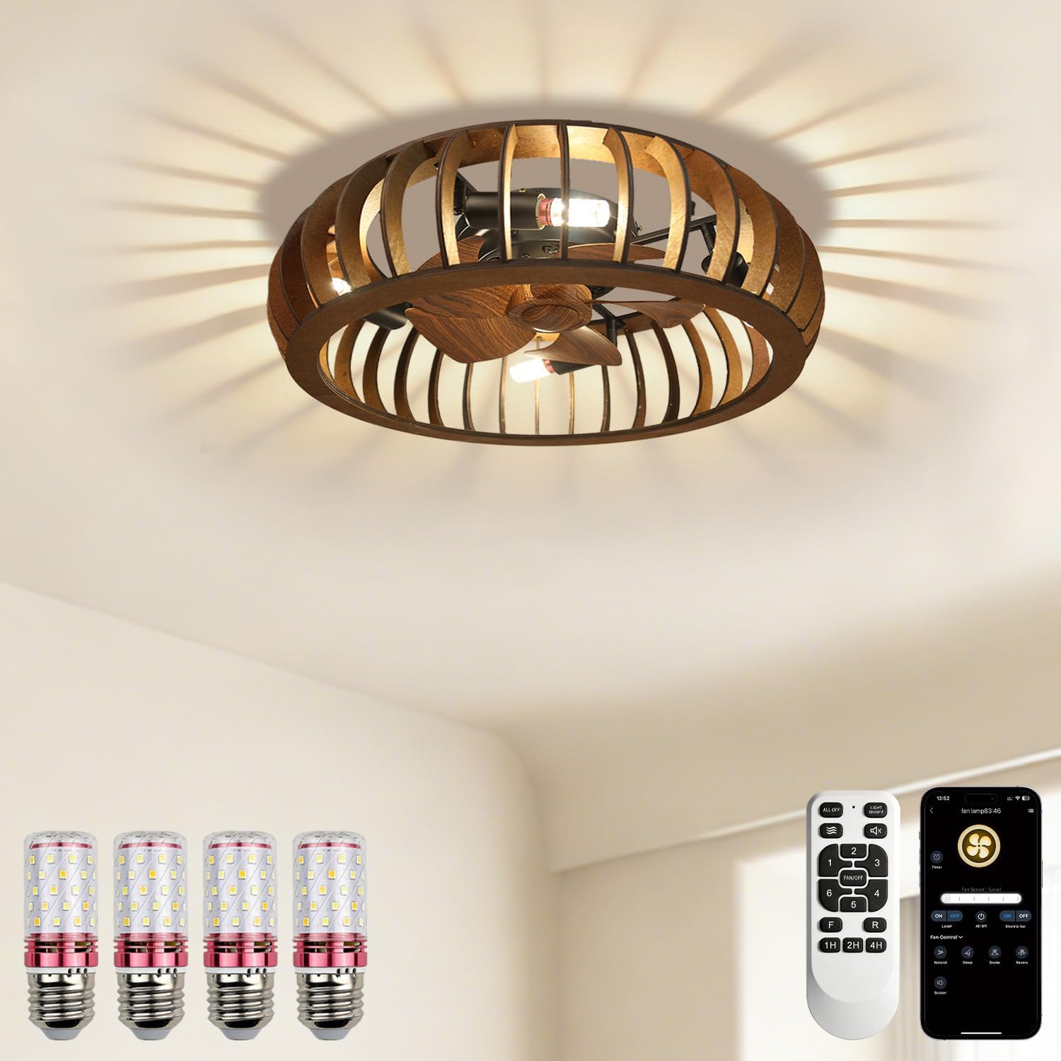 Wooden Ceiling Fans with Lights Flush Mount, 20 Inch Caged Low Profile Ceiling Fans with 3 Mode Lighting and Remote Control with E26 Bulbs for Bedroom, Nursery, Garage (Brown (Wood))