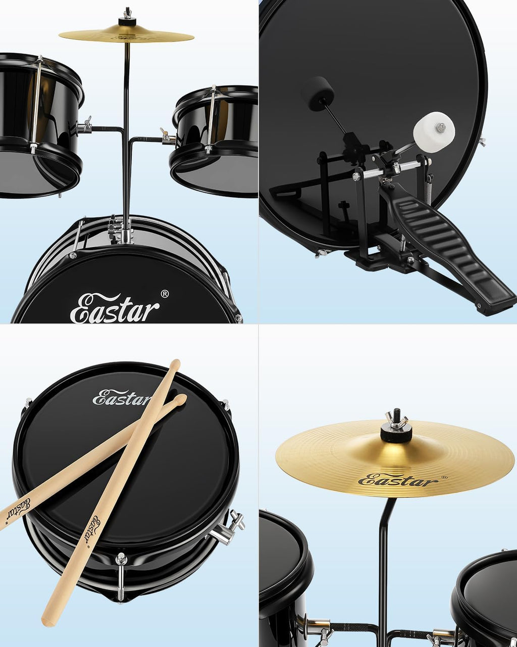 Eastar Drum Set 14'' for Kids Beginners,3 Piece with Bass Tom Snare Drum,Adjustable Throne, Cymbal, Pedal & Two Pairs of Drumsticks, Metallic All Black