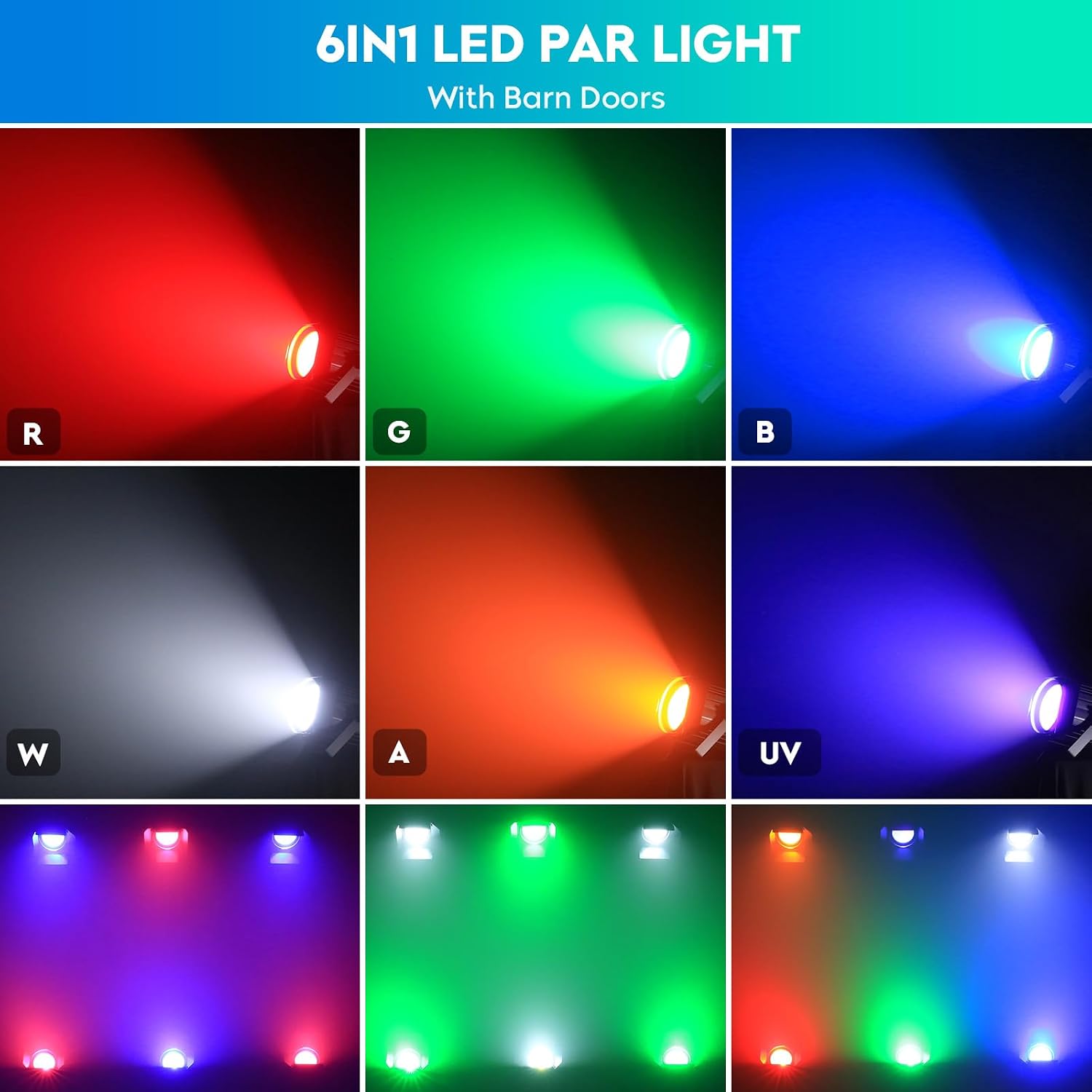 Stage Lights with Barn Doors, 200W LED Par Can Lights, 6 in 1 COB Spotlights RGBWA+UV DMX512 Sound Activated Uplights for Parties Events Wedding Theater Church Concert Dance