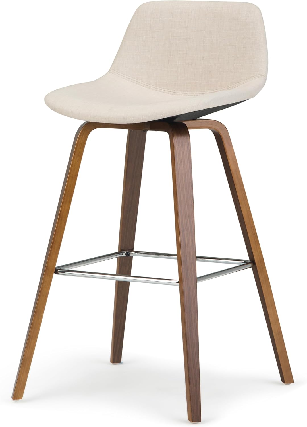 SIMPLIHOME Randolph Counter Stools (Set of 2) - 28 Inch Seat Height Upholstered Bentwood Bar Stools in Natural Linen Look Fabric, Mid Century Modern Seating with Curved Backrest and Chrome Footrest