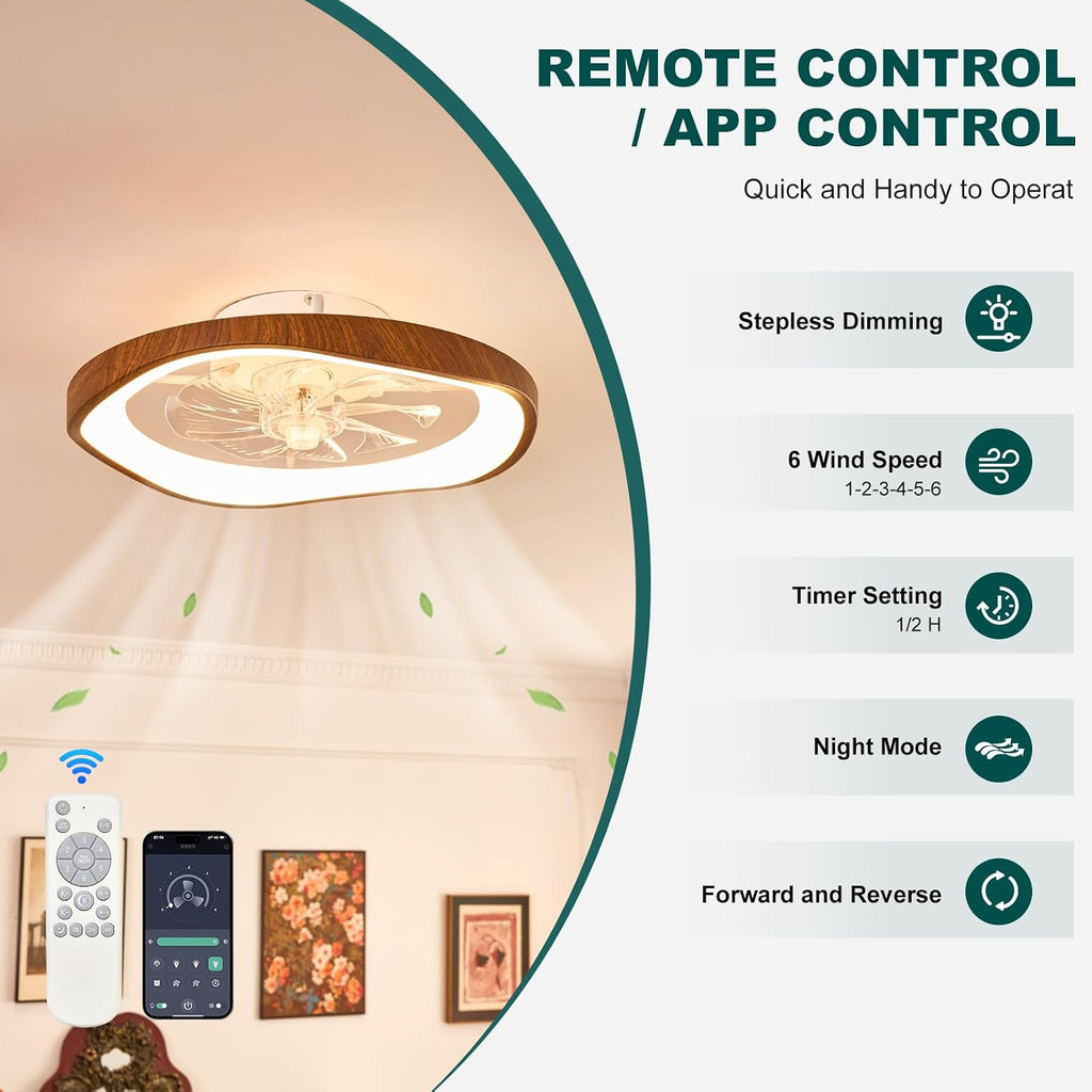 20″ Low Profile Ceiling Fan with Lights, Farmhouse Retro Walnut Wood Grain Ceiling Fan Light, Bladeless Dimmable LED Chandelier Fans for Bedroom Porch