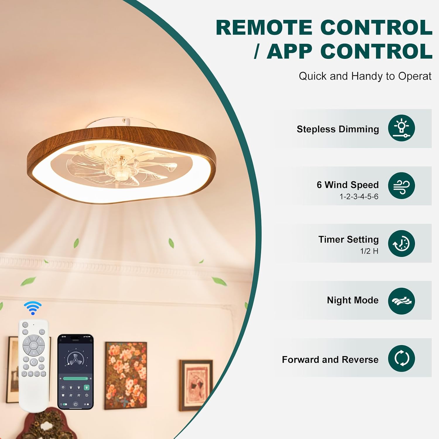 20″ Low Profile Ceiling Fan with Lights, Farmhouse Retro Walnut Wood Grain Ceiling Fan Light, Bladeless Dimmable LED Chandelier Fans for Bedroom Porch