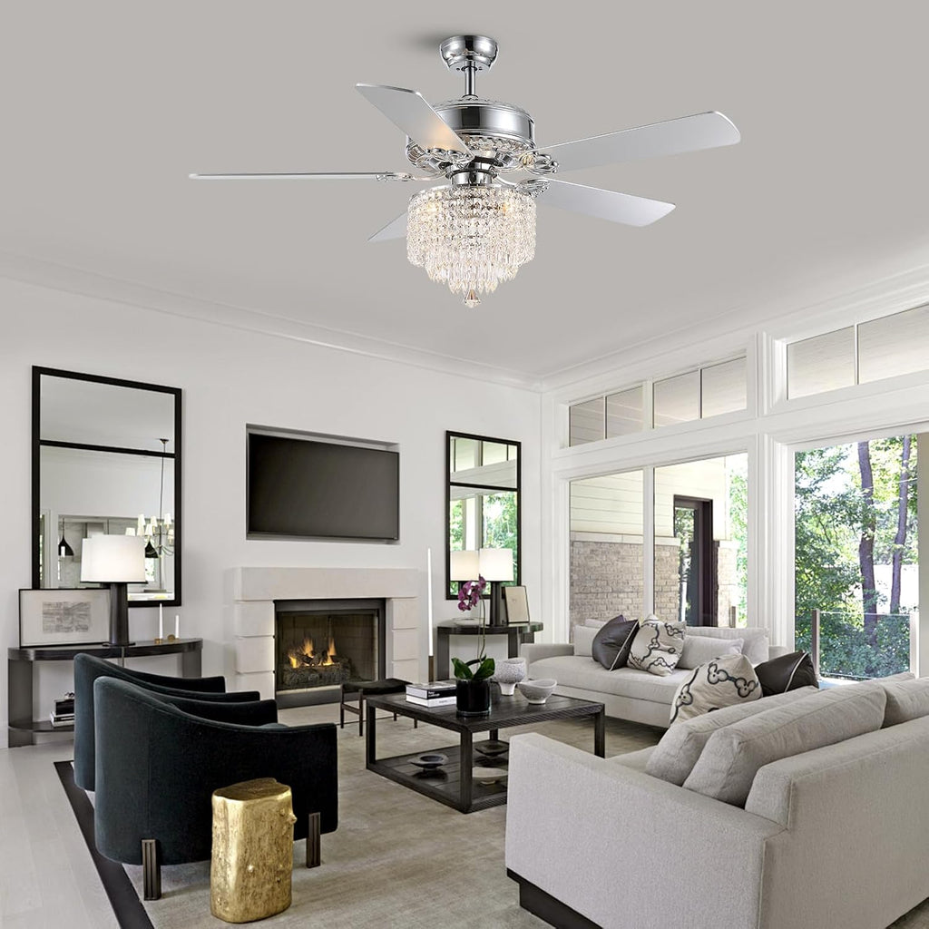 Crystal Ceiling Fan with Lights Modern Chandelier Fan with Remote Chrome Reversible Fan Light Fixture for Bedroom Dining Room 52'
