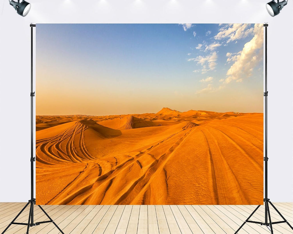 Trykid 20x10ft Orange Dune Tire Track Backdrop Bright Sunny Clear Sunny Sand Ridge Clear Sky Arid Land Scenery Photography Background Adventure Theme Party Decoration Photo Booth Prop Fabric