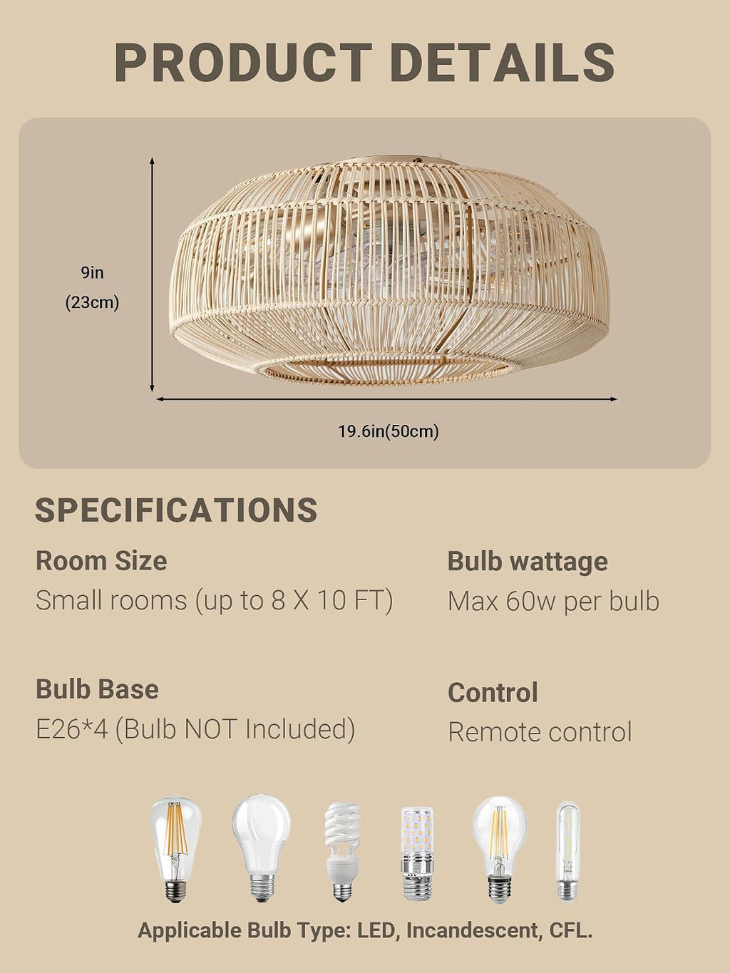 Boho Caged Ceiling Fan with Light, 20' Rattan Flush Mount Ceiling Fans with Lights Remote Contro, Bladeless Enclosed Fandelier Fan Safe for Bedroom, Living room, Nursery