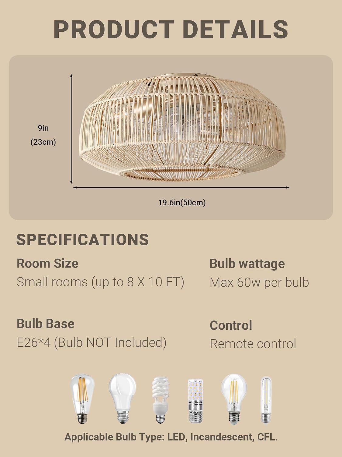 Boho Caged Ceiling Fan with Light, 20' Rattan Flush Mount Ceiling Fans with Lights Remote Contro, Bladeless Enclosed Fandelier Fan Safe for Bedroom, Living room, Nursery