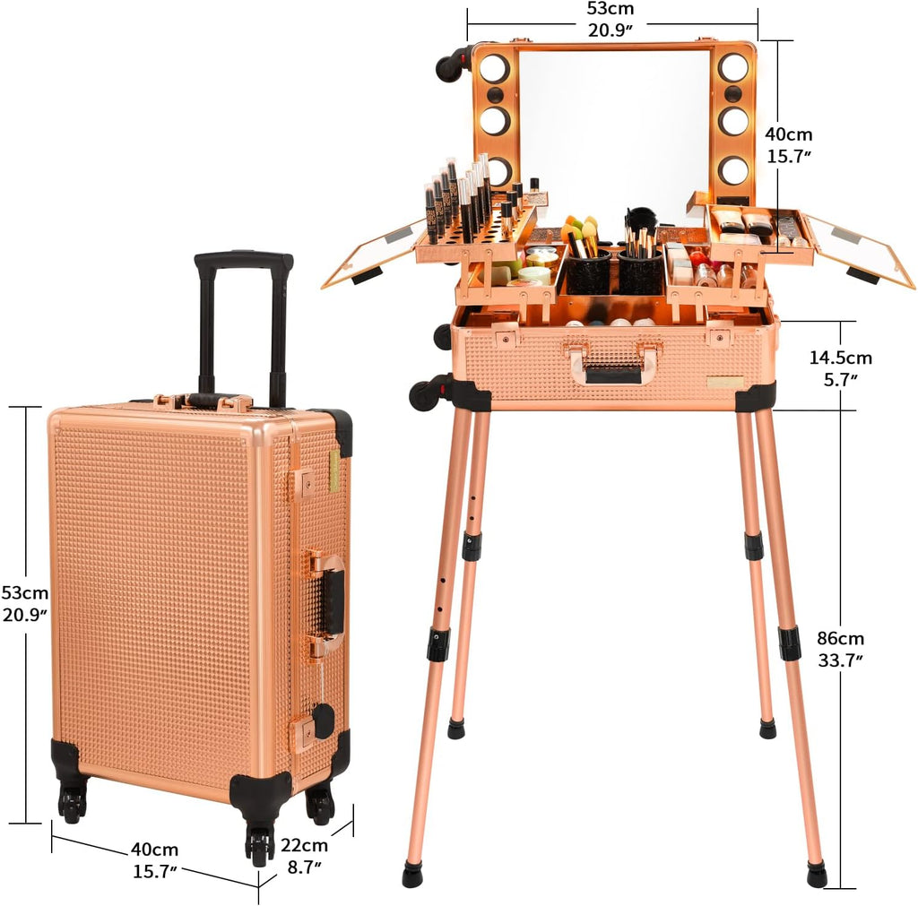 Aluminum Trolley Makeup Train Case with LED Lights Professional Cosmetic Organizer Studio with Speaker, Wheels and Stands Rolling Lighted Makeup Vanity Station for Travel (Rose Gold)