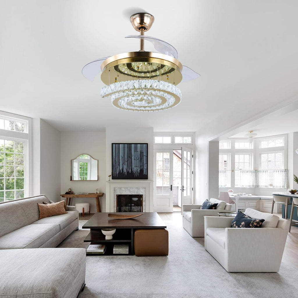 FRIXCHUR Gold 42' Crystal Ceiling Fans with Lights and Remote Chandelier Fans Dimmable Crystal Fandeliers 3-Blade Retractable Led Ceiling Fans 6 Speed 3 Color Change for Bedroom Living Room 30W*2…