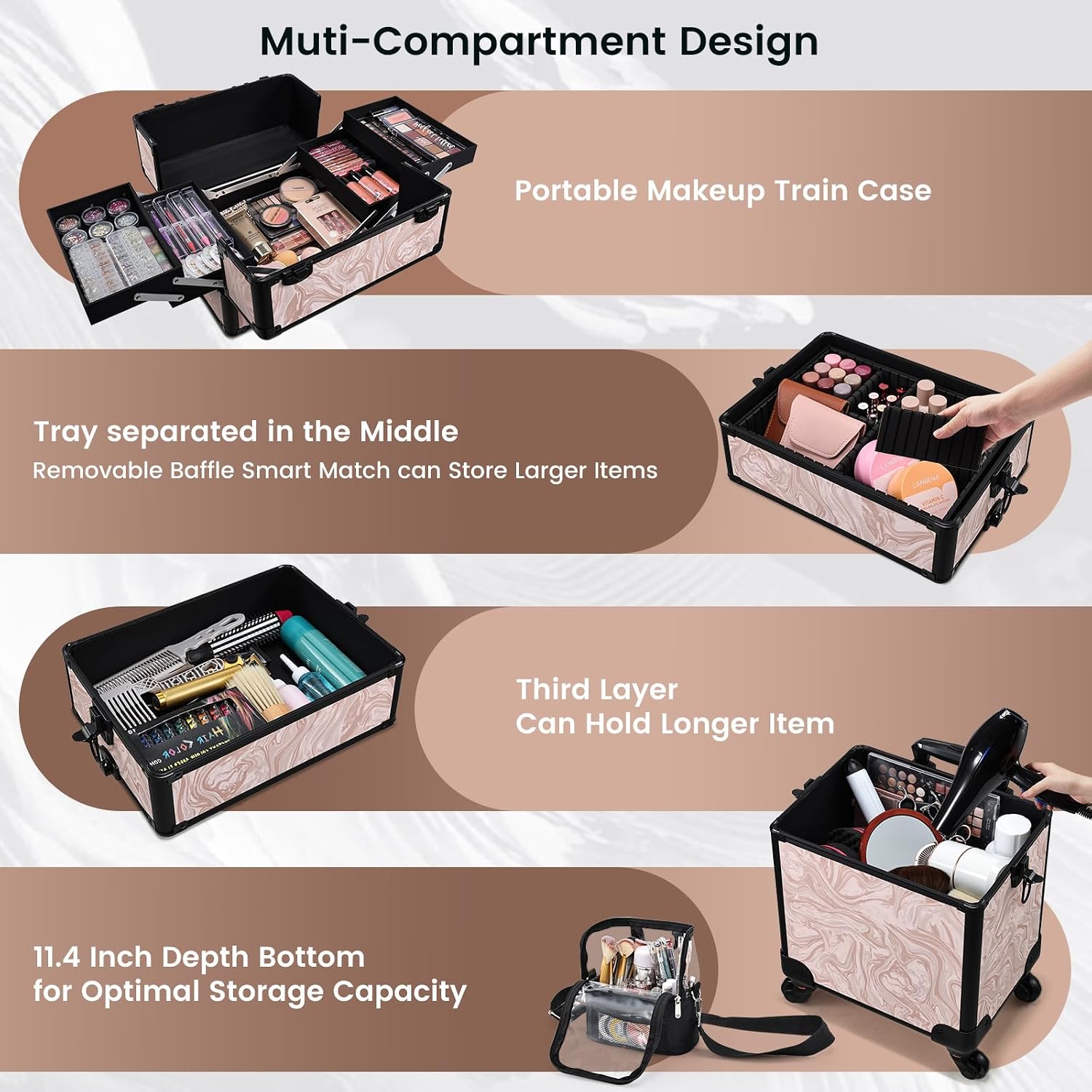 Stagiant Rolling Makeup Case 4 in 1 Cosmetology Case on Wheels Makeup Travel Case with Cosmetic Bag Key Swivel Wheels Salon Barber Case Traveling Cart Trunk Cosmetic Trolley Alpine Pink