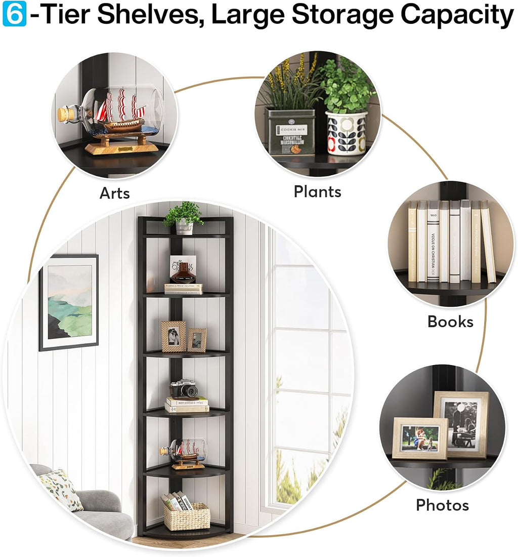 Tribesigns 6 Tier Corner Shelf, 70.9 Inch Tall Corner Bookshelf Small Bookcase Modern Corner Shelving Unit Storage Rack for Living Room, Home Office, Kitchen, Small Space (Black)