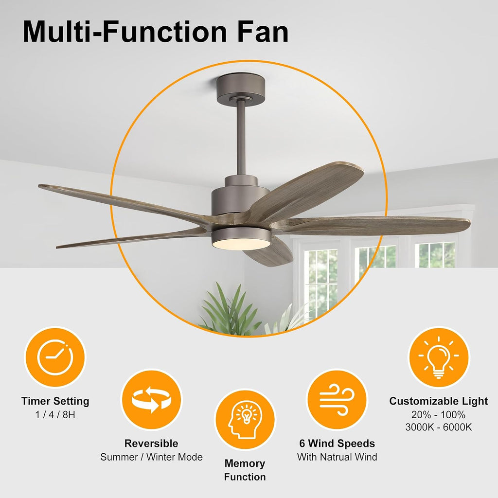 WINGBO 54' Ceiling Fan with Light - 5 Carved Solid Wood Blades, 6-Speed Reversible DC Motor, Dimmable, 3CCT, Noiseless Remote Control Ceiling Fans with Lights for Bedroom Living Room, Charcoal Gray
