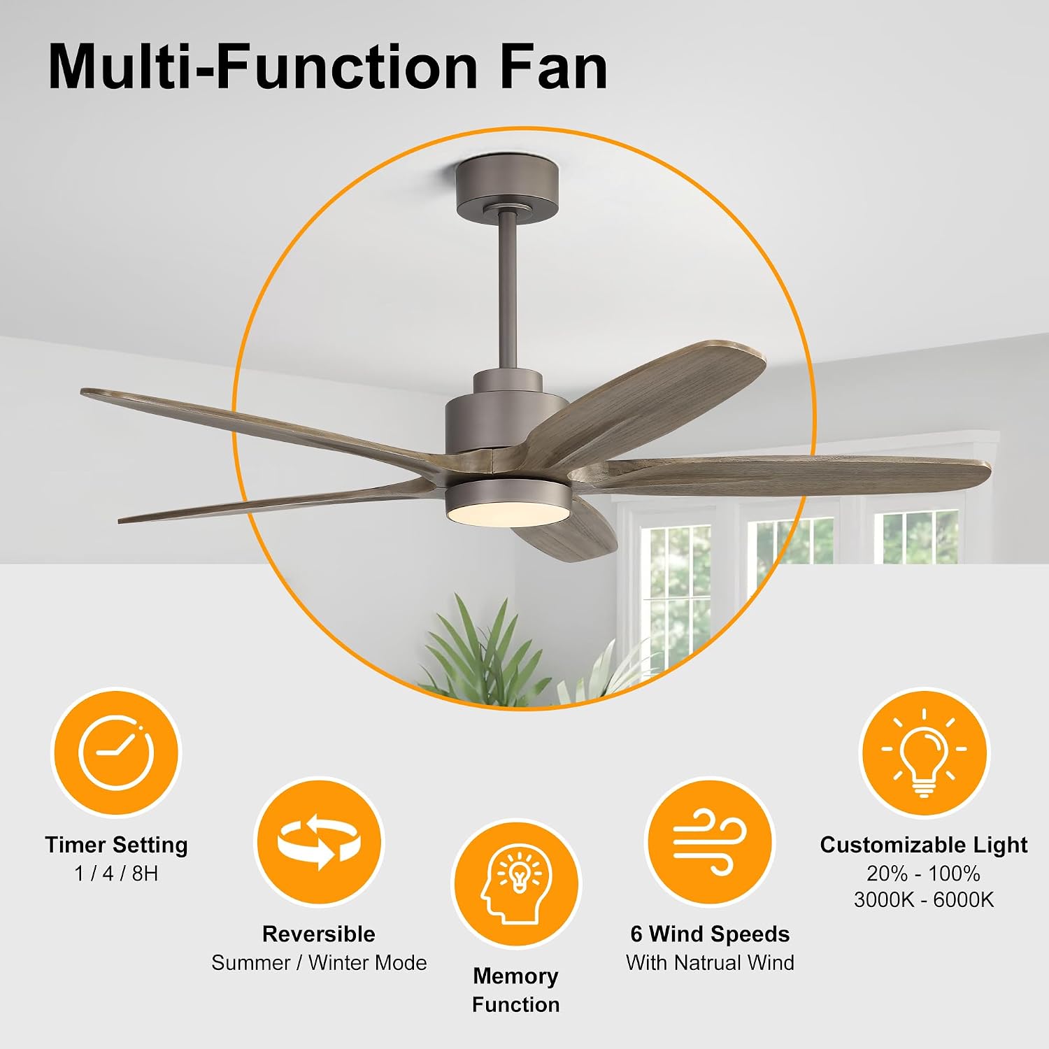 WINGBO 54' Ceiling Fan with Light - 5 Carved Solid Wood Blades, 6-Speed Reversible DC Motor, Dimmable, 3CCT, Noiseless Remote Control Ceiling Fans with Lights for Bedroom Living Room, Charcoal Gray